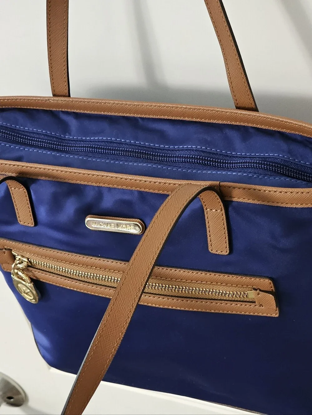 Michael Kors Jet Set Nylon Tote Royal Blue Tan Leather EUC